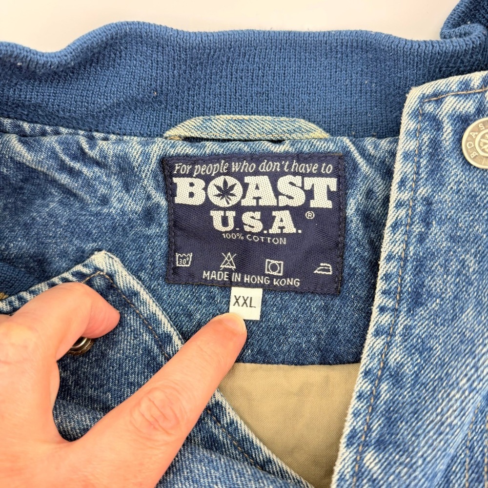 Vintage Boast USA Al Agnew Bass Fishing Denim Varsity Jacket 2XL Embroidered - Picture 4 of 10